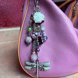 Artisan Handmade Hydrangea Flower Dragonfly Beaded Bag Purse Charm Purple Green